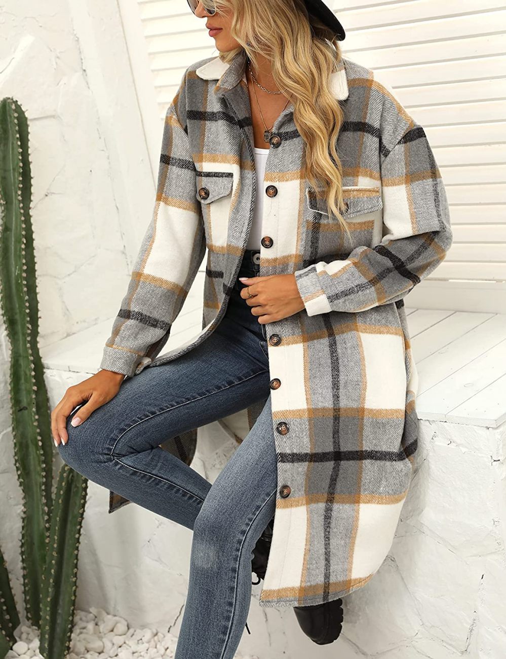 Women's Plaid Winter Coat – Relaxed Long Button Front Overcoat