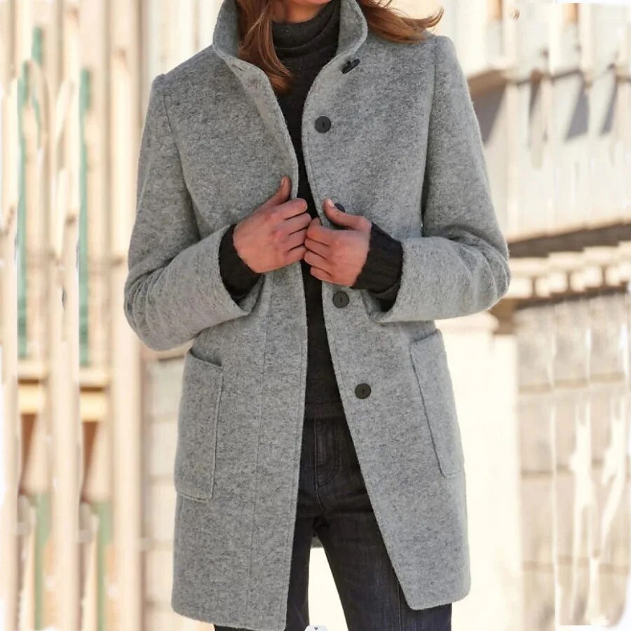 Women's Round Neck Long Coat – Tailored Button Front Winter Coat