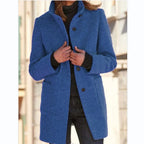 Women's Round Neck Long Coat – Tailored Button Front Winter Coat