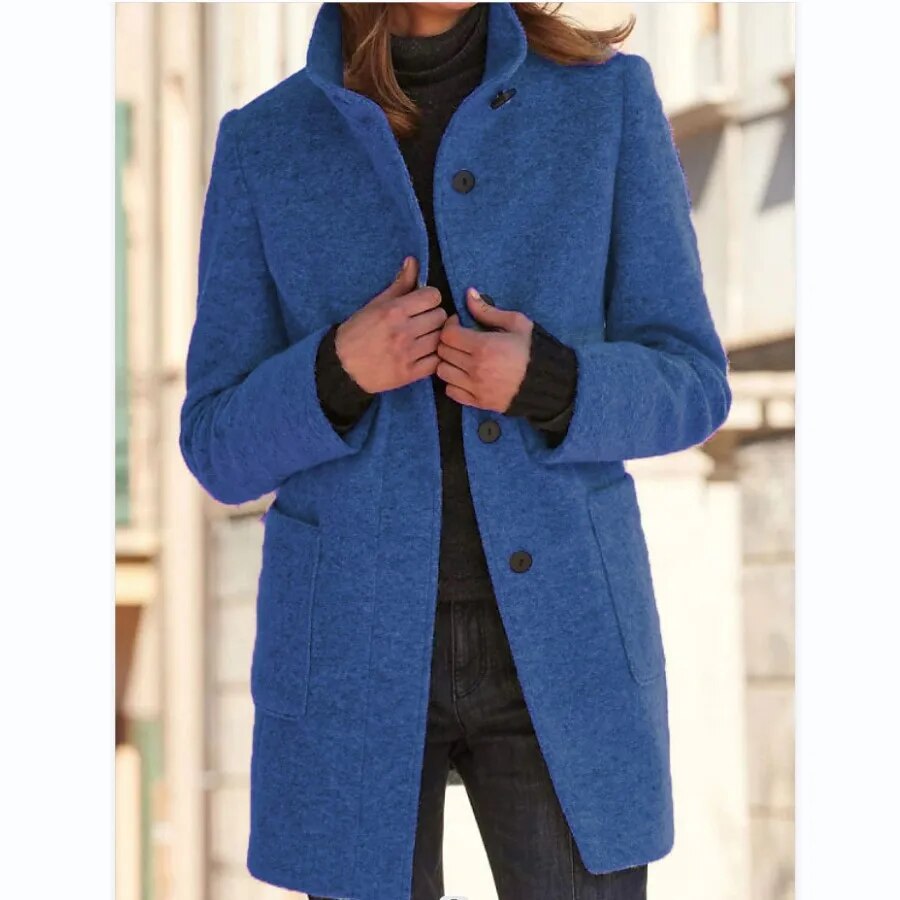Women's Round Neck Long Coat – Tailored Button Front Winter Coat