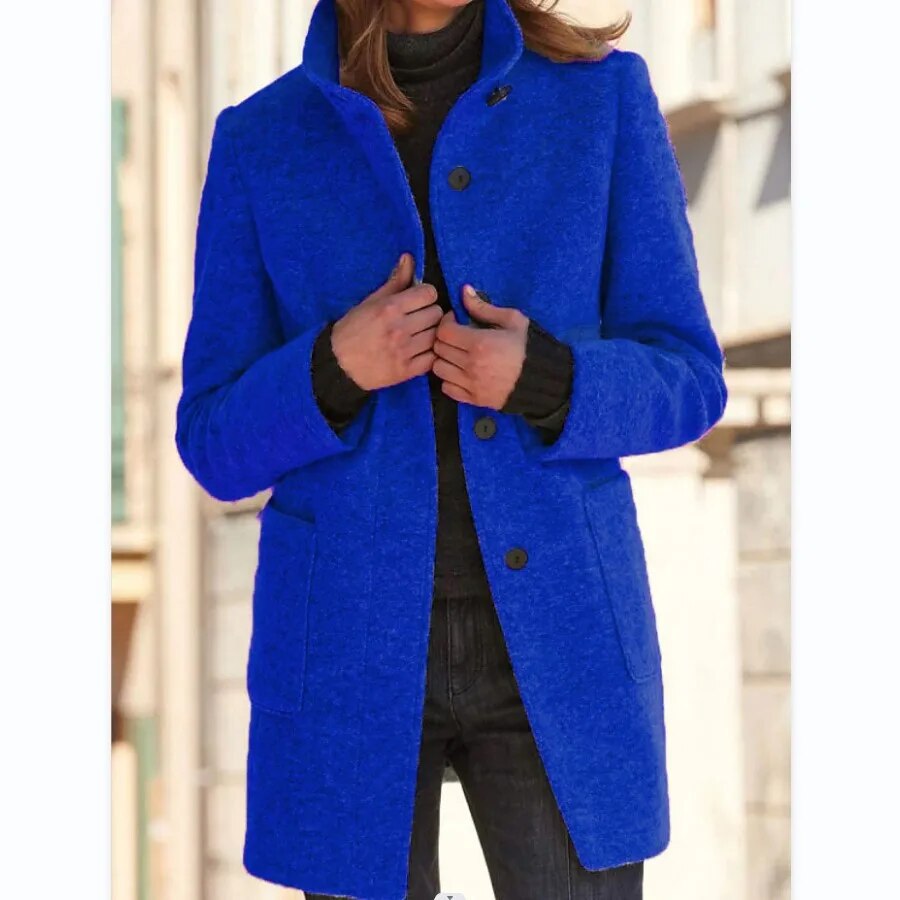 Women's Round Neck Long Coat – Tailored Button Front Winter Coat