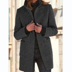 Women's Round Neck Long Coat – Tailored Button Front Winter Coat
