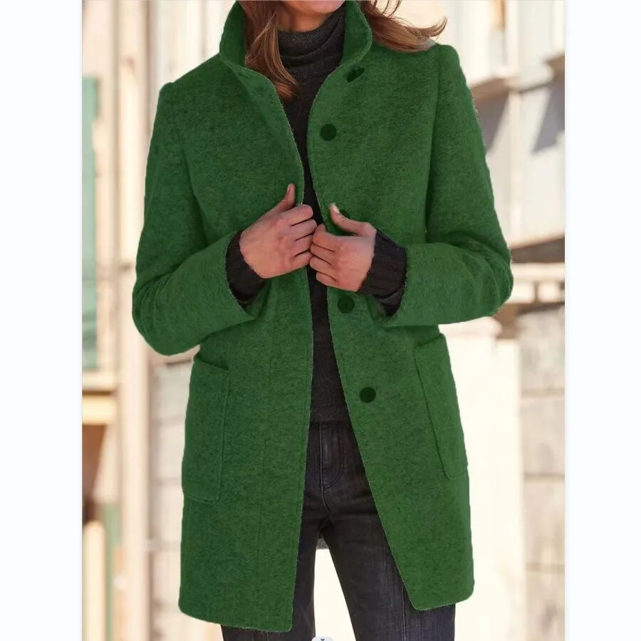 Women's Round Neck Long Coat – Tailored Button Front Winter Coat