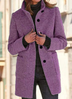 Women's Round Neck Long Coat – Tailored Button Front Winter Coat