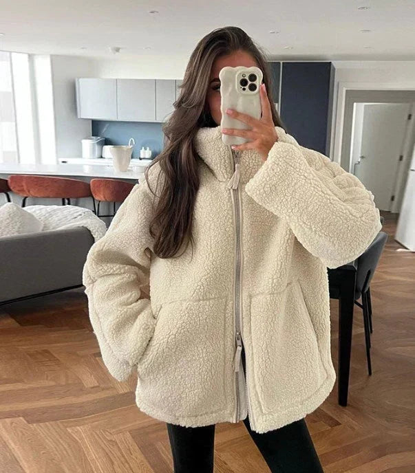 Women's Oversized Stand Collar Jacket – Zip-Up Cold Weather Winter Jacket