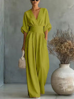 Women's Kimono Sleeve Wrap Jumpsuit – V-Neck Wide Leg Occasion Jumpsuit