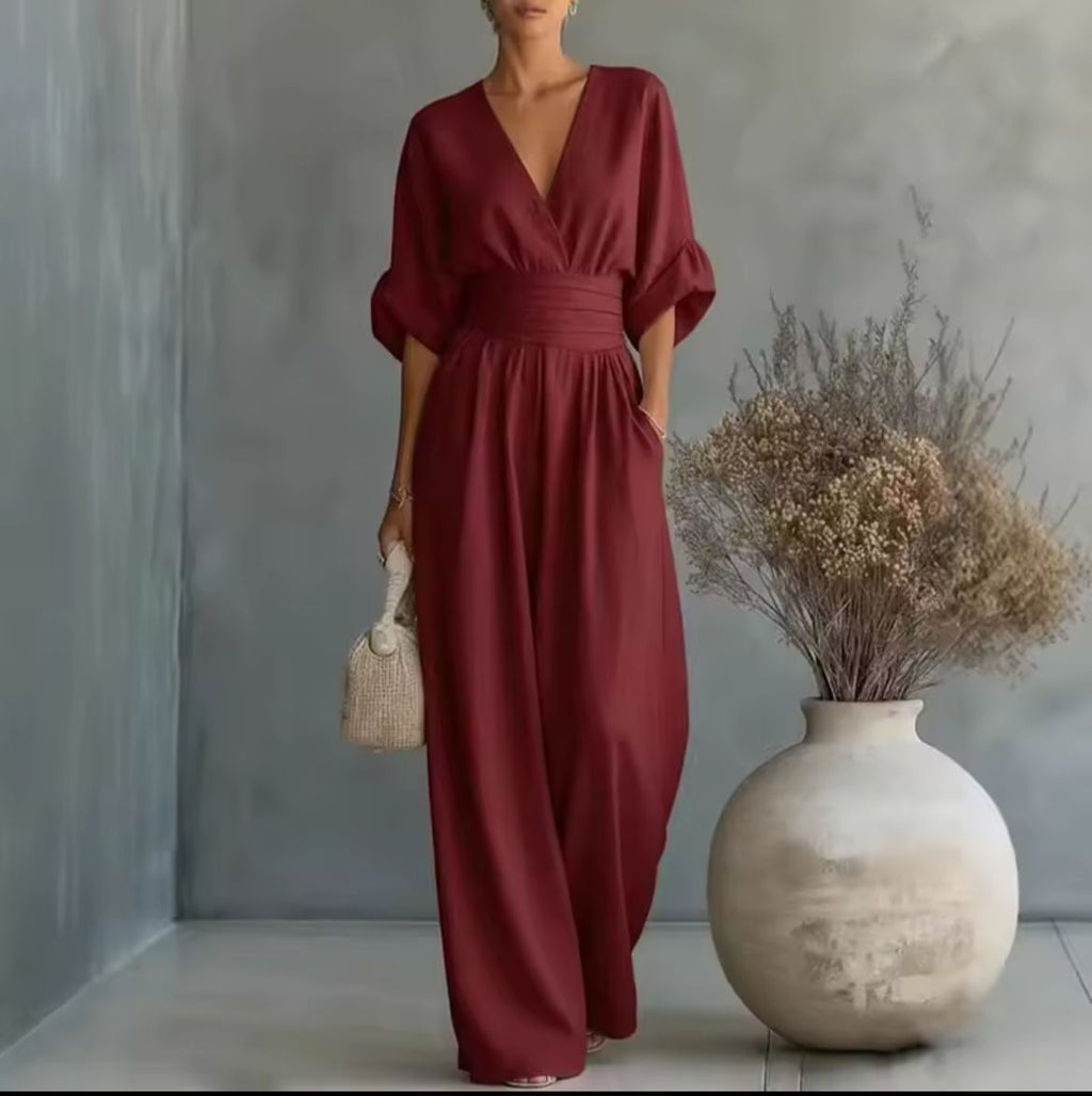 Women's Kimono Sleeve Wrap Jumpsuit – V-Neck Wide Leg Occasion Jumpsuit