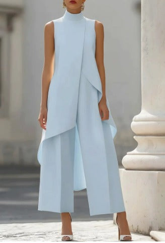 Women's Sleeveless Layered Jumpsuit – High Neck Asymmetrical Wide Leg Jumpsuit