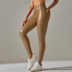 Women's High Waisted Leather Look Leggings – Shiny Fitted Stretch Leggings