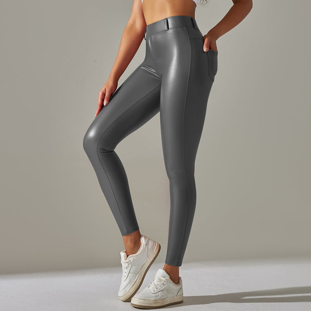 Women's High Waisted Leather Look Leggings – Shiny Fitted Stretch Leggings