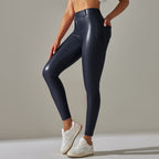 Women's High Waisted Leather Look Leggings – Shiny Fitted Stretch Leggings