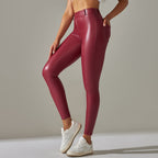 Women's High Waisted Leather Look Leggings – Shiny Fitted Stretch Leggings