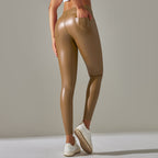 Women's High Waisted Leather Look Leggings – Shiny Fitted Stretch Leggings