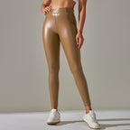 Women's High Waisted Leather Look Leggings – Shiny Fitted Stretch Leggings