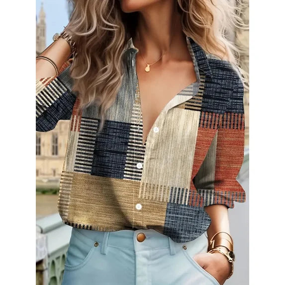 Women's Patchwork Button Front Blouse – Relaxed Boho Print Blouse