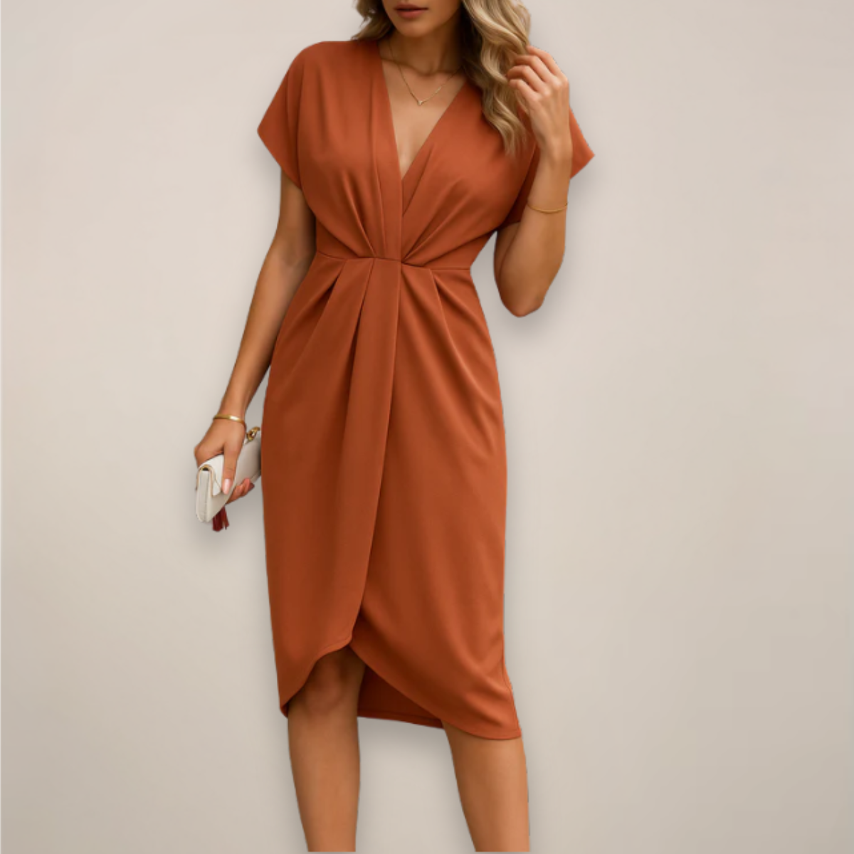 Women's Wrap Wedding Guest Midi Dress – V-Neck Flowy Occasion Dress