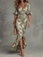Alanah | Floral Wedding Guest Dress with v-neck and cinched waist