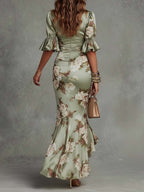 Alanah | Floral Wedding Guest Dress with v-neck and cinched waist