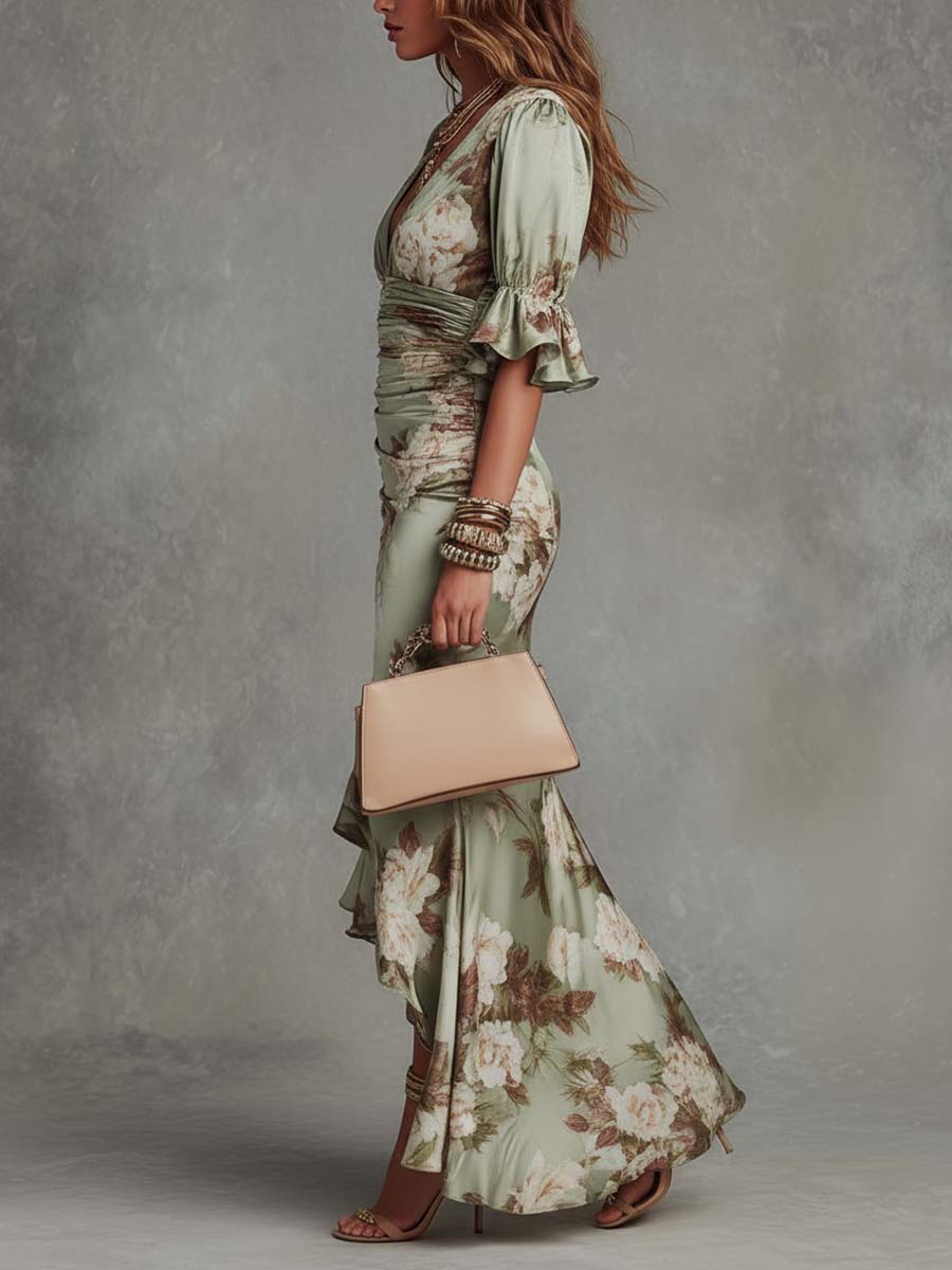 Alanah | Floral Wedding Guest Dress with v-neck and cinched waist