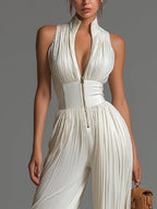 Women's Halter Wide Leg Jumpsuit – Defined Waist Evening Occasion Jumpsuit