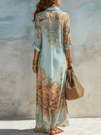 Women's Printed Resort Maxi Dress – Relaxed Flowy Shirt Dress