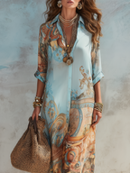 Women's Printed Resort Maxi Dress – Relaxed Flowy Shirt Dress