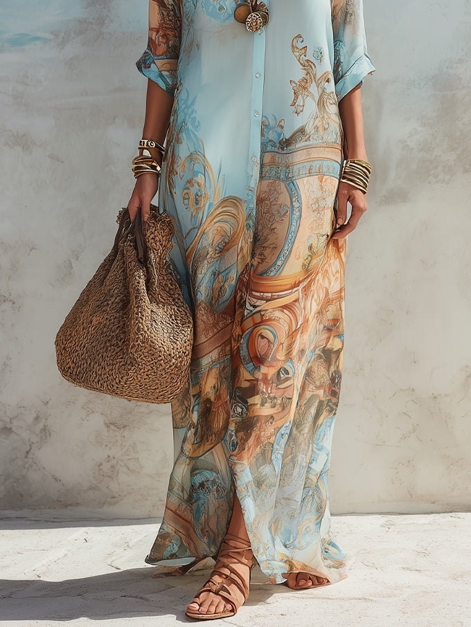 Women's Printed Resort Maxi Dress – Relaxed Flowy Shirt Dress