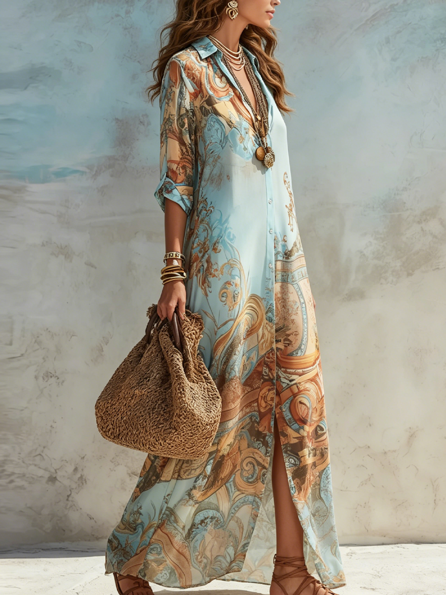 Women's Printed Resort Maxi Dress – Relaxed Flowy Shirt Dress