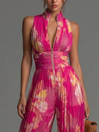 Women's Floral V-Neck Jumpsuit – Wide Leg Formal Occasion Jumpsuit