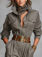 Women's Long Sleeve Utility Jumpsuit – Collared Button Front Casual Jumpsuit