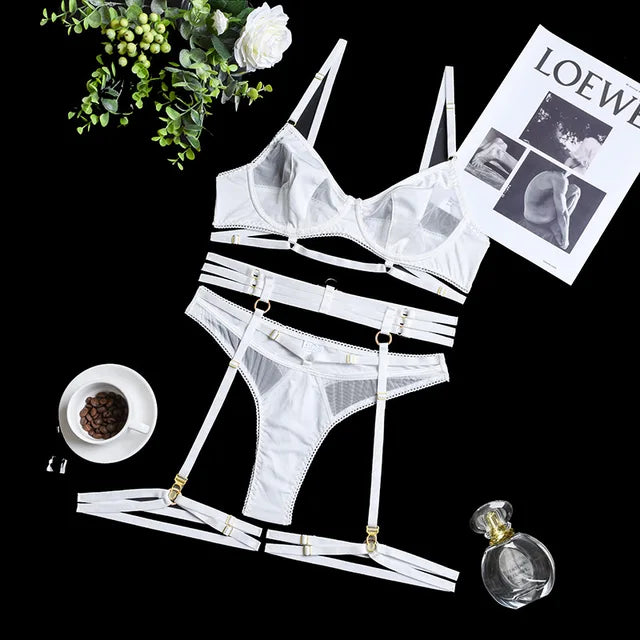 Women's Floral Three-Piece Lingerie Set – Lace Bra Brief & Garter Set