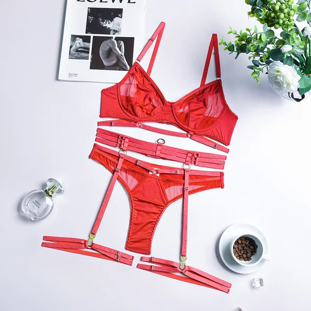 Women's Floral Three-Piece Lingerie Set – Lace Bra Brief & Garter Set