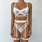 Women's Floral Three-Piece Lingerie Set – Lace Bra Brief & Garter Set