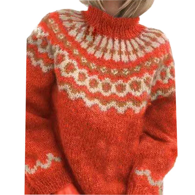 Women's Icelandic Pattern Sweater – Nordic High Neck Winter Pullover