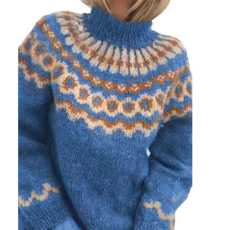 Women's Icelandic Pattern Sweater – Nordic High Neck Winter Pullover