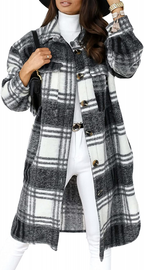 Women's Plaid Winter Coat – Relaxed Long Button Front Overcoat