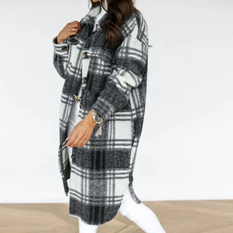 Women's Plaid Winter Coat – Relaxed Long Button Front Overcoat