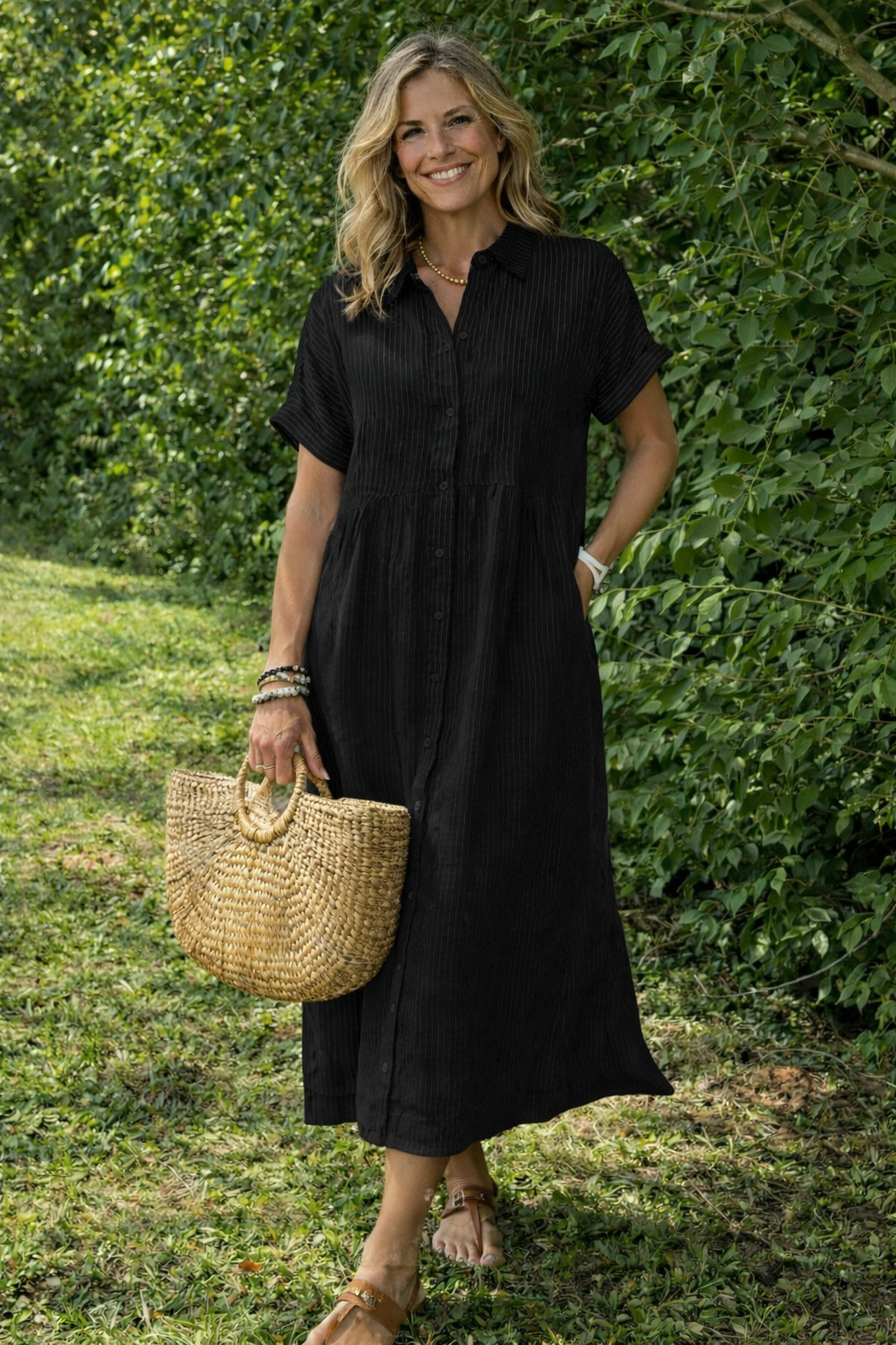 Women's Relaxed Midi Shirt Dress – Button Front Long Sleeve Dress