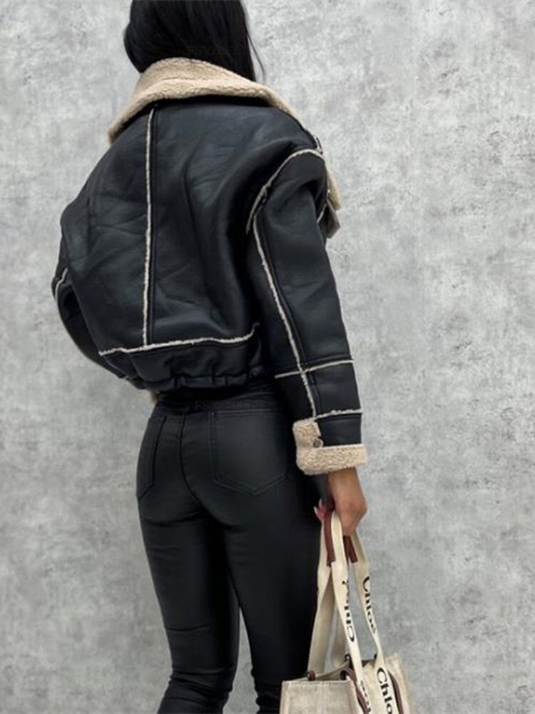 Women's Faux Leather Winter Coat – Zip-Up Pocket Jacket