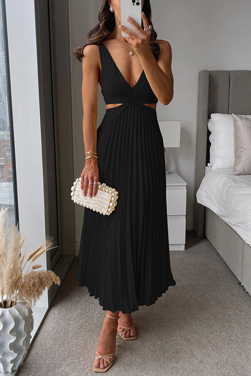 Women's Deep V-Neck Pleated Dress – Side Cutout Fitted Cocktail Midi Dress