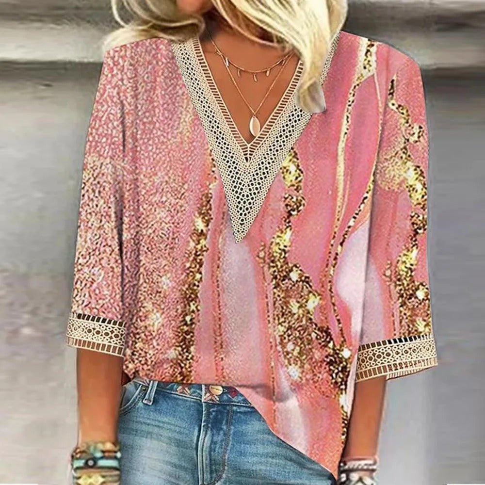 Alanah | Gold Accent Lace Tunic Blouse with v-neck and relaxed fit