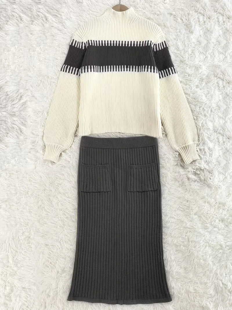 Women's Ribbed Knit Skirt Set – High Neck Sweater Co-Ord