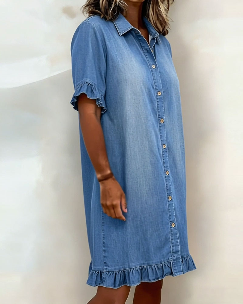 Women's Shirt Dress – Flounce Sleeve Button Front Knee-Length Dress