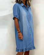 Women's Shirt Dress – Flounce Sleeve Button Front Knee-Length Dress