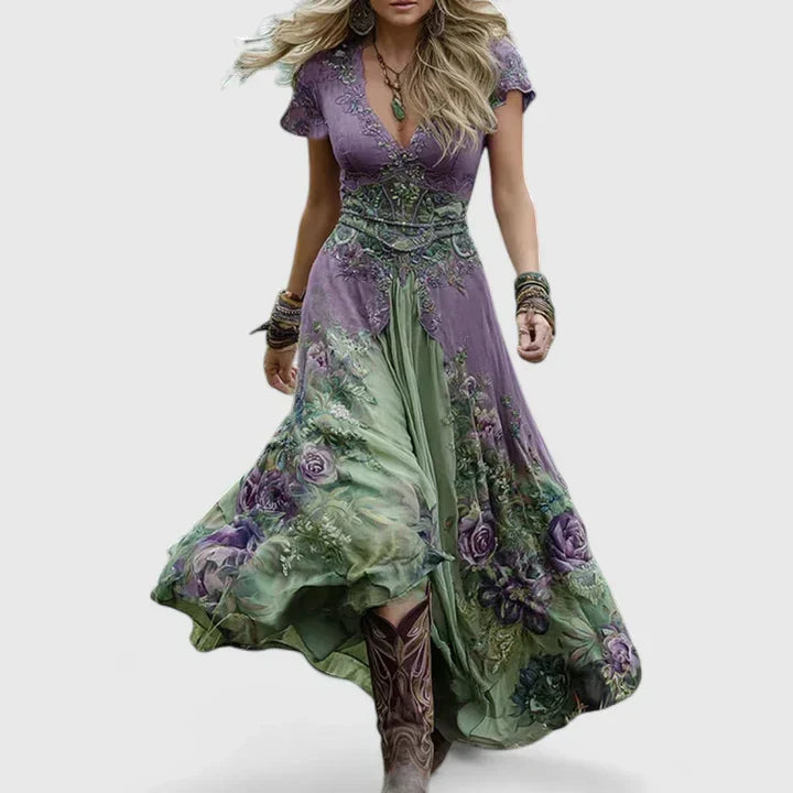 Women's Floral Boho Maxi Dress – V-Neck Flowy Long Dress
