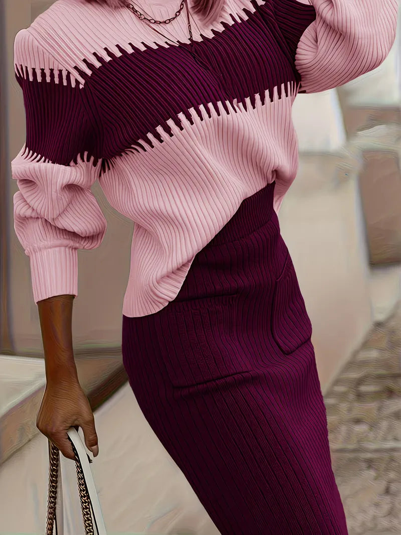 Women's Ribbed Knit Skirt Set – High Neck Sweater Co-Ord
