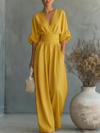 Women's V-Neck Wide Leg Jumpsuit – High Waist Pocket Formal Jumpsuit