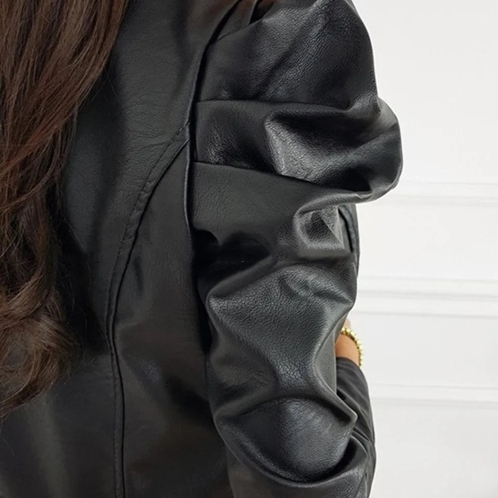 Women's Ruffle Shoulder Biker Jacket – Cropped O-Neck Jacket