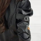 Women's Ruffle Shoulder Biker Jacket – Cropped O-Neck Jacket