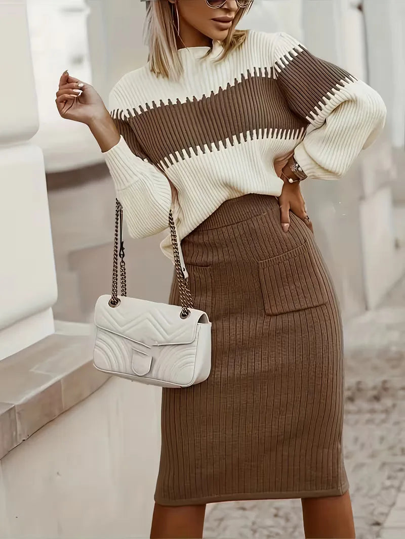 Women's Ribbed Knit Skirt Set – High Neck Sweater Co-Ord